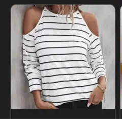 SheinストライププリントコールドショルダーS クロップトップ