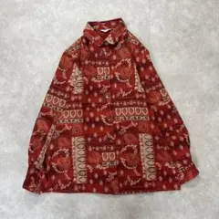 昭和レトロ　総柄 長袖トップス レッド系 11号　リーフ柄　えんじ　ゆったり