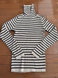 アイボリー・ブラックストライプ タートルネックセーター M