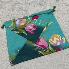 昭和レトロ✨おしゃれ✨花柄 巾着バッグ ターコイズ 和風 緑 ピンク