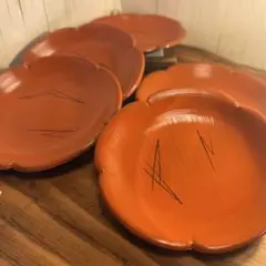 洗朱♡漆塗り♡松葉模様の銘々皿5客セット♡お正月準備和モダン取皿ヴィンテージ漆器