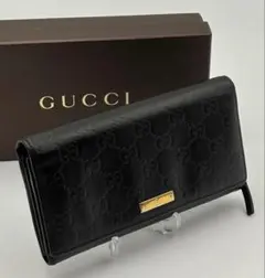グッチ シマ GGレザー フラップ長財布 黒 ゴールドプレート 箱付き