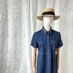 デニムロングワンピース 半袖 前開き シャツワンピ　刺繍襟　インディゴデニム