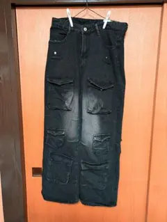 デニム　カーゴパンツ　マルチポケット　ブラック