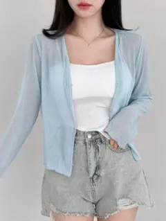 SHEIN Dazy 水色 シアーカーディガン 春夏 前ボタン 長袖 Lサイズ