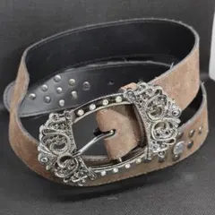 ウエスタン スエード調 ベルト ブラウン シルバーバックル スタッズ レディース