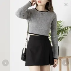 Chicoロゴニット長袖胸刺繍リブニット グレーブラック