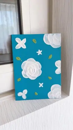 青い花柄のアクリル画、テクスチャーアート(マットタイプ)です
