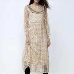 ザラ　ドット　シースルー　プリーツワンピース　ZARA 長袖　シアー　Aライン