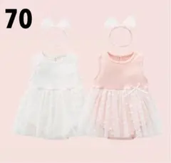 花柄ヘアバンド付き♡ノースリーブチュールロンパース　新品　ピンク70