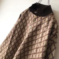 個性的 日本製 レトロ ウールカットソー 柄シャツ 長袖 ハイネック 一点物