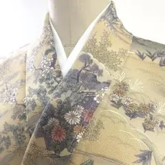 5k1773 着物　正絹　単衣　小紋　ベージュ　グレー　白　緑　ピンク　花柄