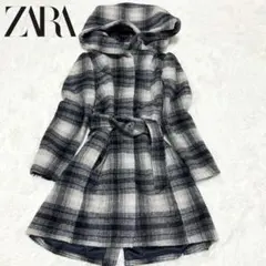 美品✨ZARA BASIC ロングコート　ベルト　フード　チェック　ウール　L