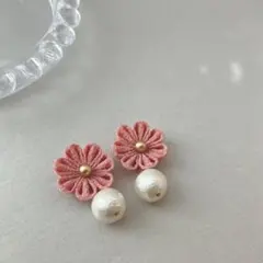 no.133 和色苺色×コットンパールピアス　イヤリング　卒業式　袴　和風