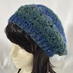 青緑グラデーション ふわふわ　ベレー帽　ハンドメイド