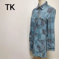 【TK】パッチワーク風シャツワンピース　チェック柄　M相当　1675