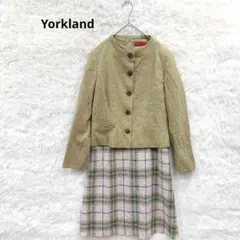 ヨークランド　ワンピースジャケットセット　M ９号　ツイード　チェック　ボウタイ