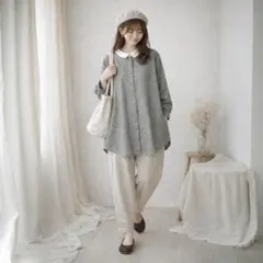 Samansa Mos2 ロングシャツ【森ガール】千鳥柄 丸襟 F グレー