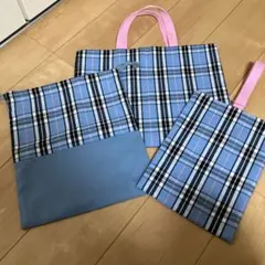 ハンドメイド　レッスンバッグ•上履き入れ•体操着袋　水色のチェック柄　3点セット
