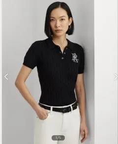 ローレン　ラルフローレン　ロゴ刺繍　ケーブル編み　ニットポロ　ブラック