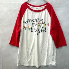 クリスマス ラグラン七分袖Tシャツ 赤白 M 海外 古着 レディース