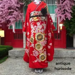 (あ880)アンティーク振袖 大振袖㊗️赤 枝梅の総刺繍❣️亀甲金駒刺繍✨⑤点セット