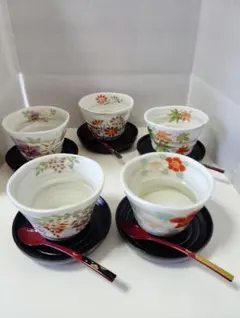 有田焼　彩華　仁清風　絵変わり　いっぷく碗と茶托とスプーン　各5