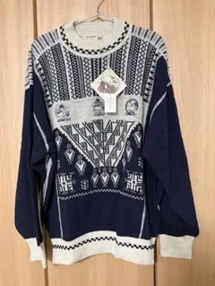 GELLAN EUROPE ネイビー 長袖 ニット 未使用品　レトロ 幾何学模様