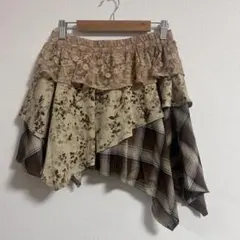 【森ガール】ミックスティアードイレヘムミニスカート ベージュ インパン付き