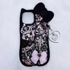 iPhone15ケース デコ電 デコケース 黒 ピンク 猫耳 地雷系 ゴスロリ