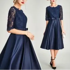 結婚式ドレス パーティー お呼ばれ 二次会 ワンピース 袖あり 半袖 ネイビー