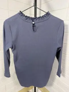 リブ編みフリルネック長袖トップス グレー