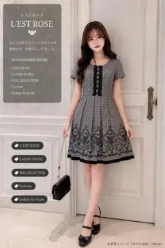 清楚 上品 オフィス ワンピース 膝丈 グレンチェック 花柄 フォーマル レース
