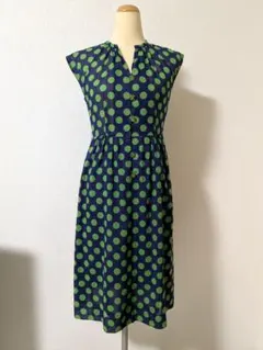 60’s70‘sグリーンネイビー水玉サマーワンピース＊シアー感クリアボタンドット