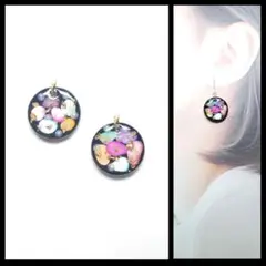 No.1506-B　【値下げ】カラフル☆さざれ石☆ブラックピアス・イヤリング