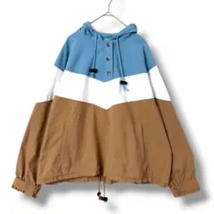 ナイロンジャケット アノラック 配色 ブルー ブラウン M