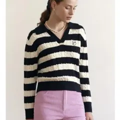 rolarola 黒と白のストライプ ケーブルニット