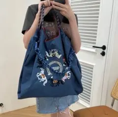 【Lサイズ】 【馬柄/ネイビー】刺繍バッグ エコバッグ韓国 ボールアンドチェーンのサムネイル