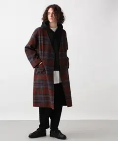 オープンフロントロングコート チェック柄 ブラウン系