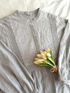 Samansa Mos2 レース切替 ロングシャツワンピース スカラップ