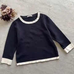 美品☆ SoClose【M】7分袖 綿混合 日本製 バイカラー ネイビー／ニット