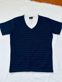 ネイビー ストライプ Vネック Tシャツ M