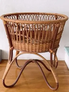 脱衣かご ラタン 藤 ラック 希少 サークル 古道具