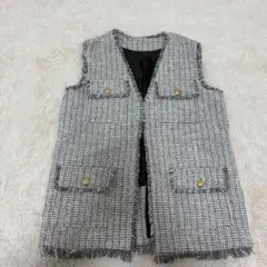 美品✨エルフランク　ミックスツイードフリンジミドル丈ジレベスト　金ボタン