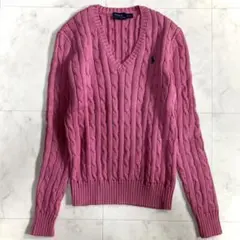 美品 ポロラルフローレン コットン Vネックケーブルニット ピンク S