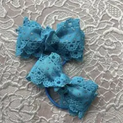 水色リボンヘアゴム ビーズ付き 約8cm