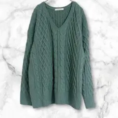 ショコラフィネローブ　ミントグリーン　Vネック長袖ニット　セーター　Free
