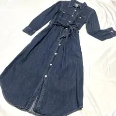 美品☆Lee リー デニムシャツワンピース ウエストリボン 長袖 マキシ丈