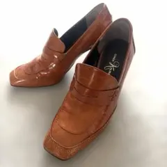 美品✨】銀座かねまつ パンプス スクエアトゥ レザー　ブラウン　ヒール　パンプスのサムネイル