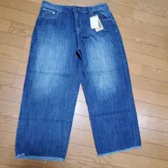 新品タグ付きワイドパンツデニムフリンジ裾3L